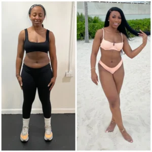 before and after picture woman in pink swimsuit after weight loss